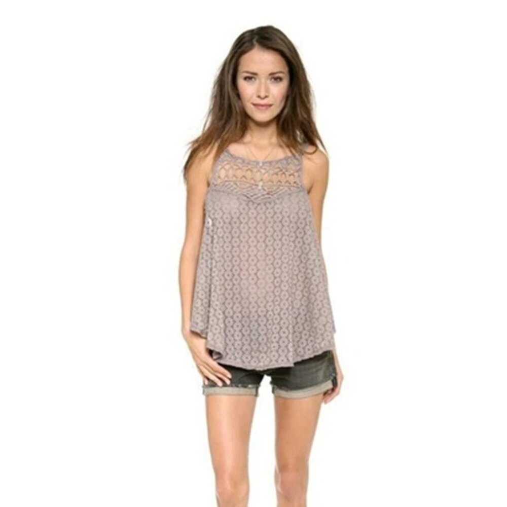 NWT Free People XS Got My Eyelet on You Cami tank top Taupe brown Crochet